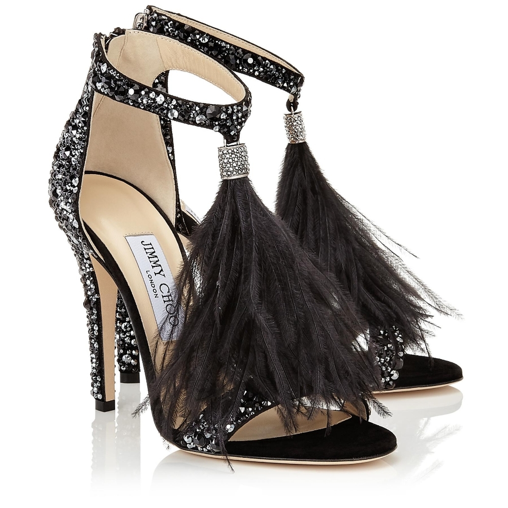 Jimmy Choo viola black crystal sequin feather sandal heel